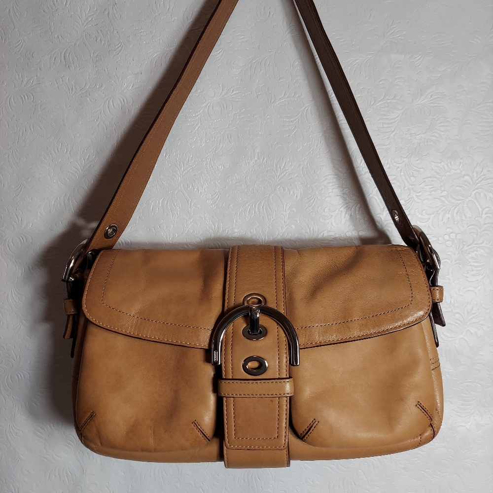 COACH Small Leather Buckle Handbag,  tan
